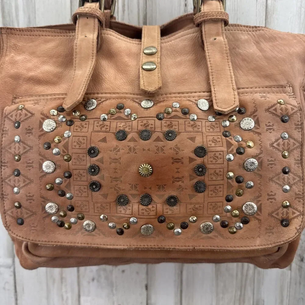 Viola Castellani Italy Leather Studded￼Slouchy Shoulder Bag Purse Cognac Tan￼